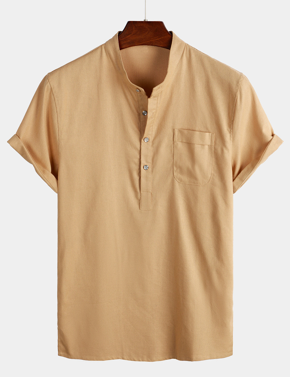 Men's Solid Colour Stand Collar Half Button Pocket Front Shirt