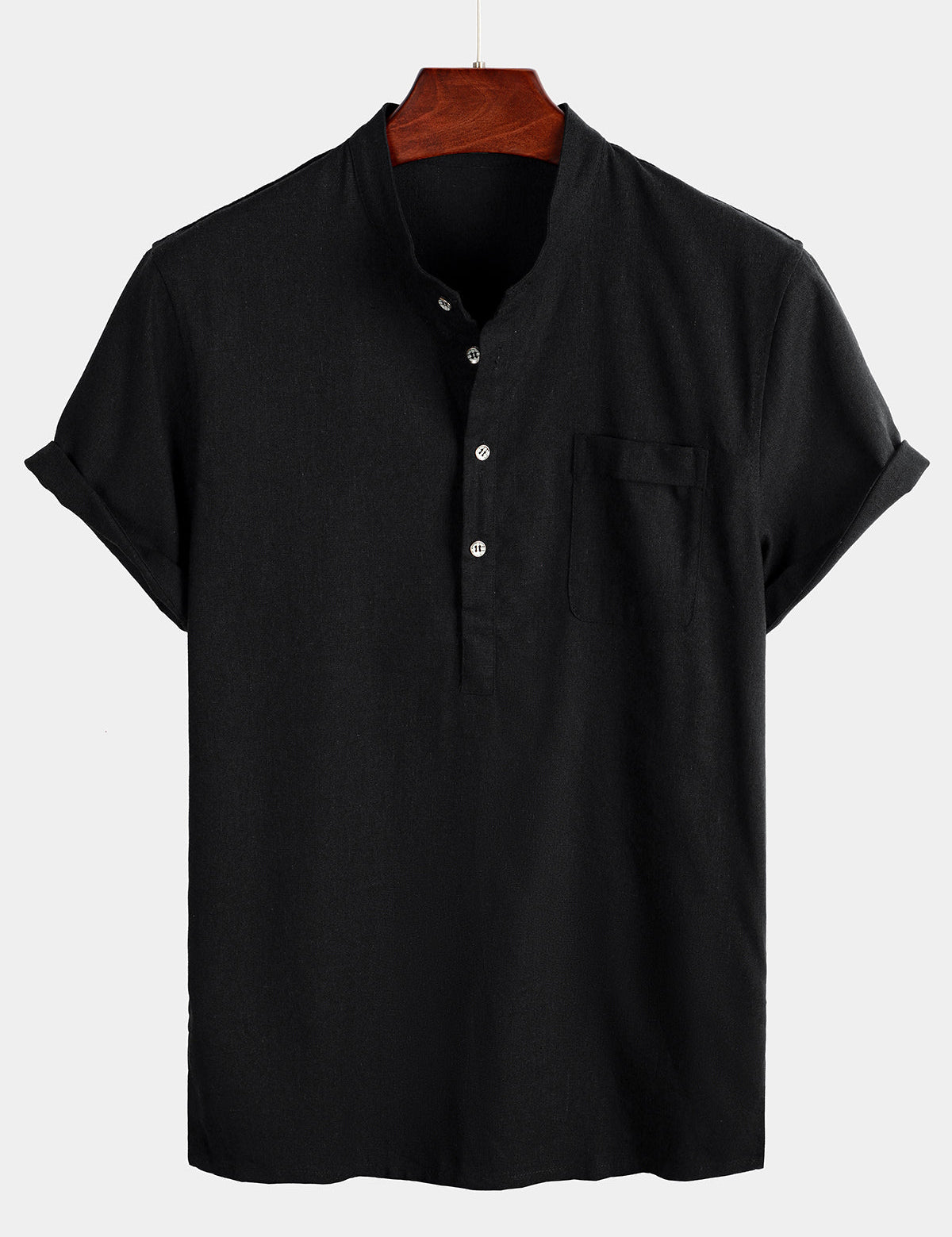 Men's Solid Colour Stand Collar Half Button Pocket Front Shirt