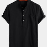 Men's Solid Colour Stand Collar Half Button Pocket Front Shirt