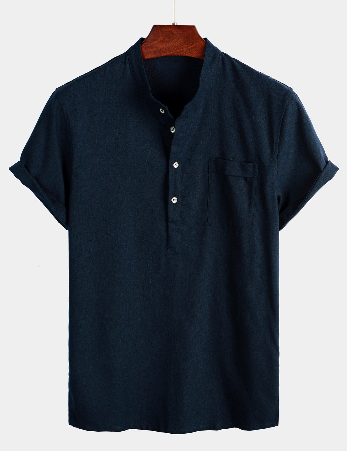 Men's Solid Colour Stand Collar Half Button Pocket Front Shirt