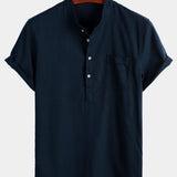 Men's Solid Colour Stand Collar Half Button Pocket Front Shirt