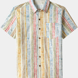 Men's Vertical Striped Cotton Breathable Cool Resort Vacation Short Sleeve Shirt