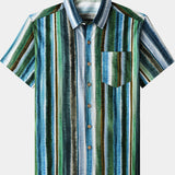 Men's Casual Striped Pattern Button Down Cotton Breathable Cool Vacation Short Sleeve Shirt