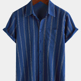 Men's Summer Striped Pocket Button Up Short Sleeve Hawaiian Shirt