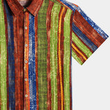 Men's Vintage Boho Striped Cotton Lightweight Breathable Cool Summer Holiday Short Sleeve Shirt