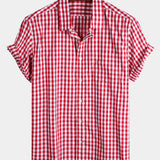 Men's Plaid Cotton Casual Solid Colour Pocket Summer Holiday Button Up Short Sleeve Shirt