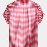 Men's Plaid Cotton Casual Solid Colour Pocket Summer Holiday Button Up Short Sleeve Shirt