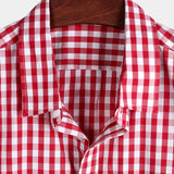 Men's Plaid Cotton Casual Solid Colour Pocket Summer Holiday Button Up Short Sleeve Shirt