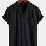 Men's Cotton Pocket Casual Solid Colour Beach Summer Button Up Short Sleeve Shirt