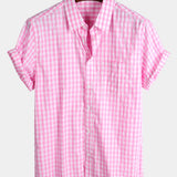 Men's Plaid Cotton Casual Solid Colour Pocket Summer Holiday Button Up Short Sleeve Shirt