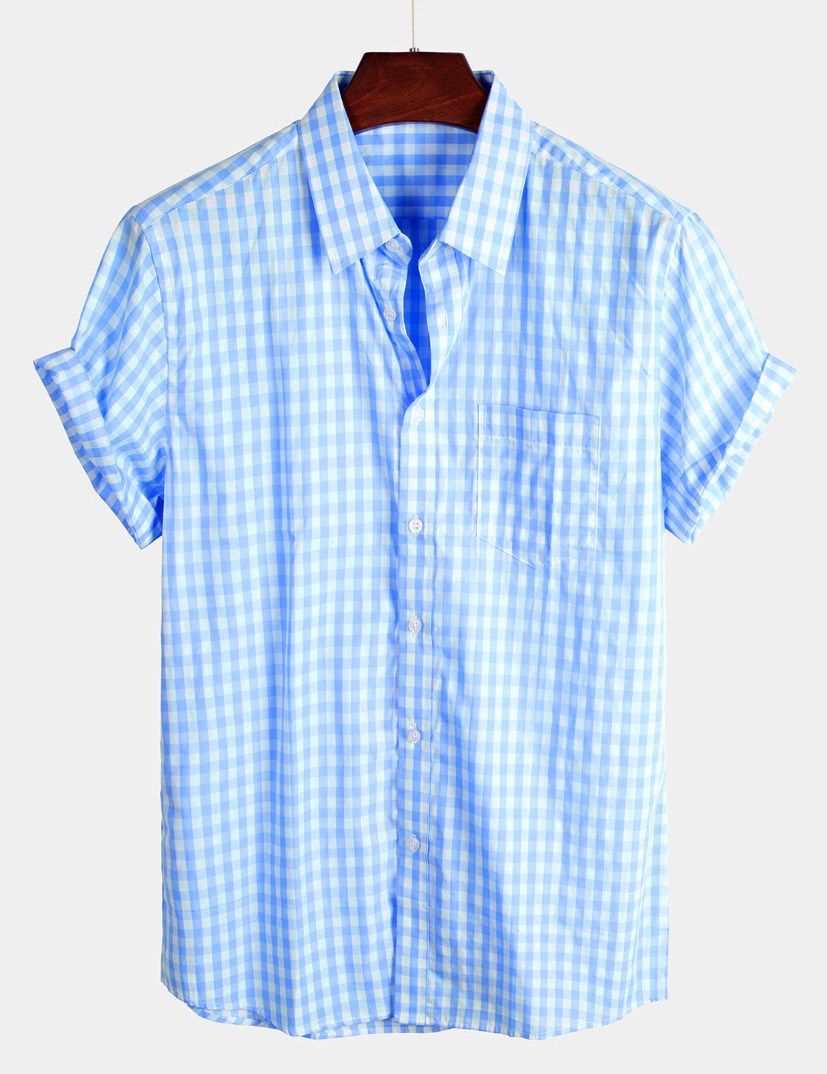 Men's Plaid Cotton Casual Solid Colour Pocket Summer Holiday Button Up Short Sleeve Shirt