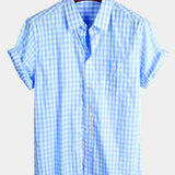 Men's Plaid Cotton Casual Solid Colour Pocket Summer Holiday Button Up Short Sleeve Shirt