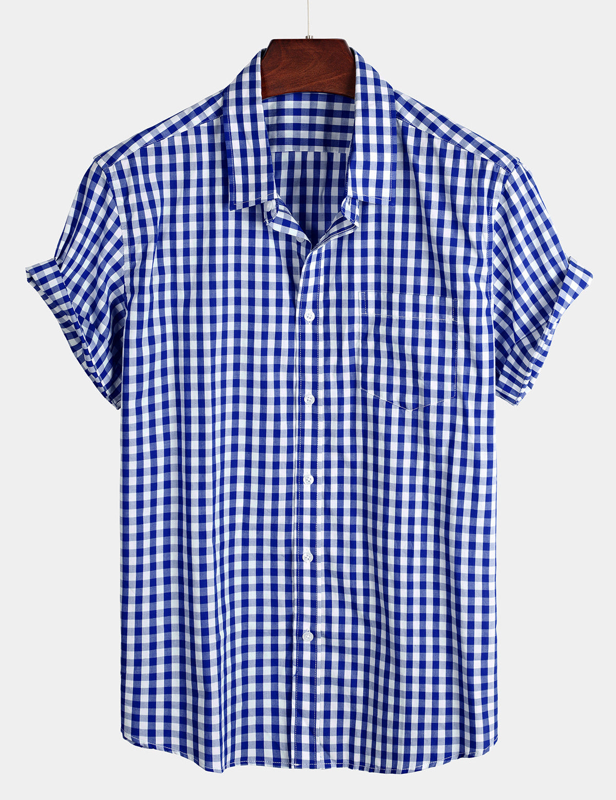 Men's Plaid Cotton Casual Solid Colour Pocket Summer Holiday Button Up Short Sleeve Shirt