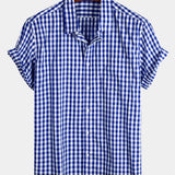 Men's Plaid Cotton Casual Solid Colour Pocket Summer Holiday Button Up Short Sleeve Shirt