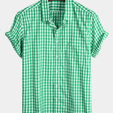 Men's Plaid Cotton Casual Solid Colour Pocket Summer Holiday Button Up Short Sleeve Shirt