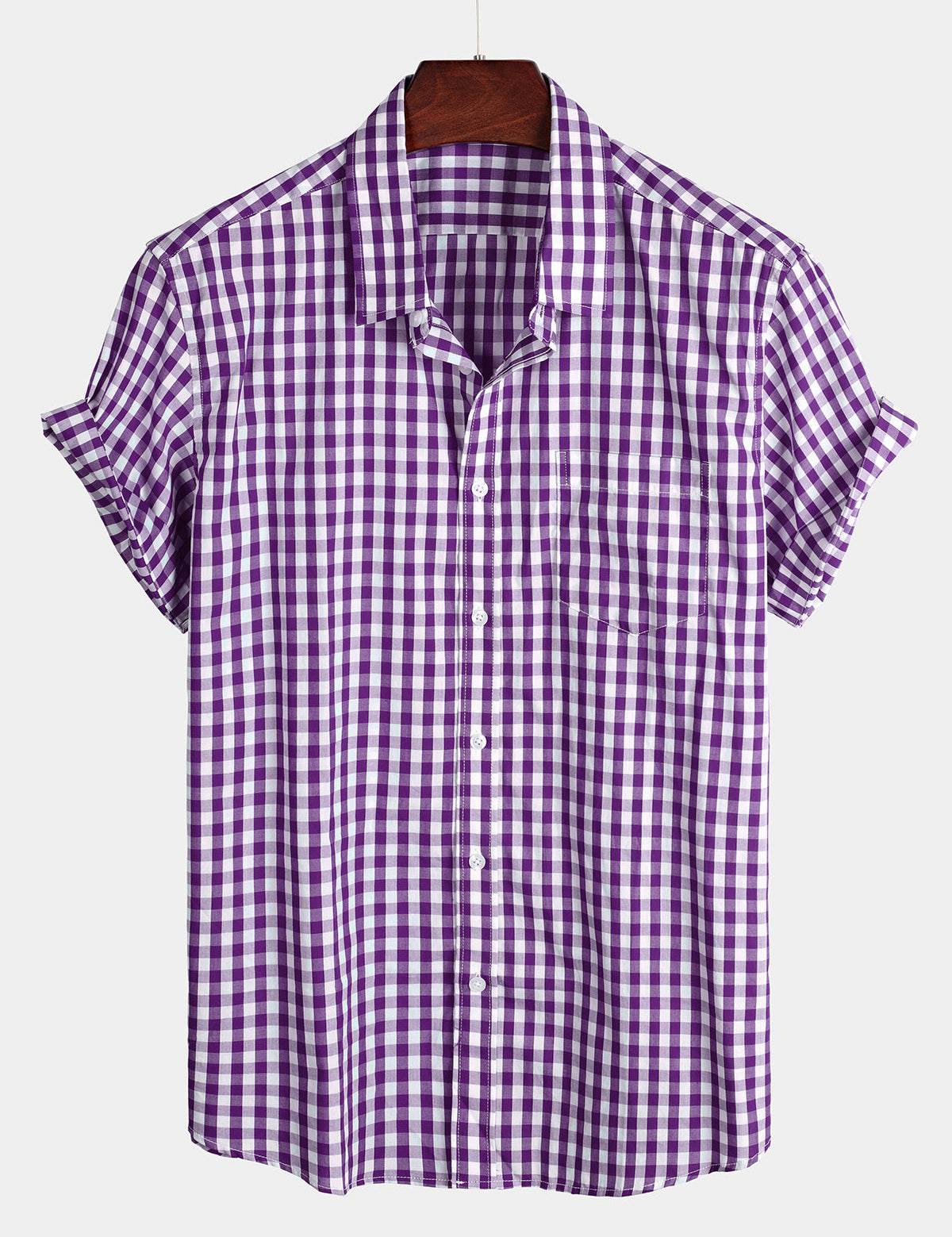 Men's Plaid Cotton Casual Solid Colour Pocket Summer Holiday Button Up Short Sleeve Shirt