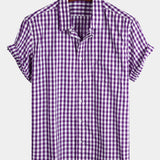 Men's Plaid Cotton Casual Solid Colour Pocket Summer Holiday Button Up Short Sleeve Shirt