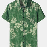 Men's Floral Hawaiian Pocket Green Button-Up Short Sleeve Shirt