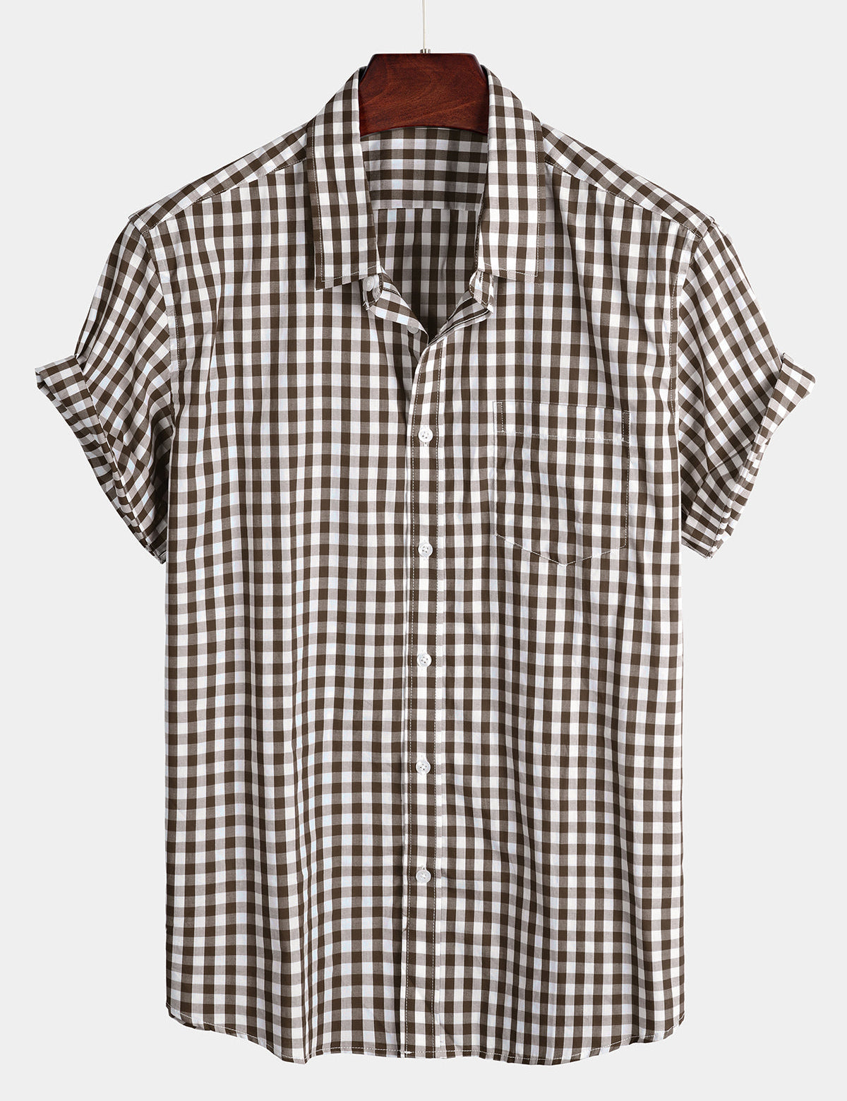 Men's Plaid Cotton Casual Solid Colour Pocket Summer Holiday Button Up Short Sleeve Shirt