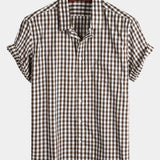 Men's Plaid Cotton Casual Solid Colour Pocket Summer Holiday Button Up Short Sleeve Shirt