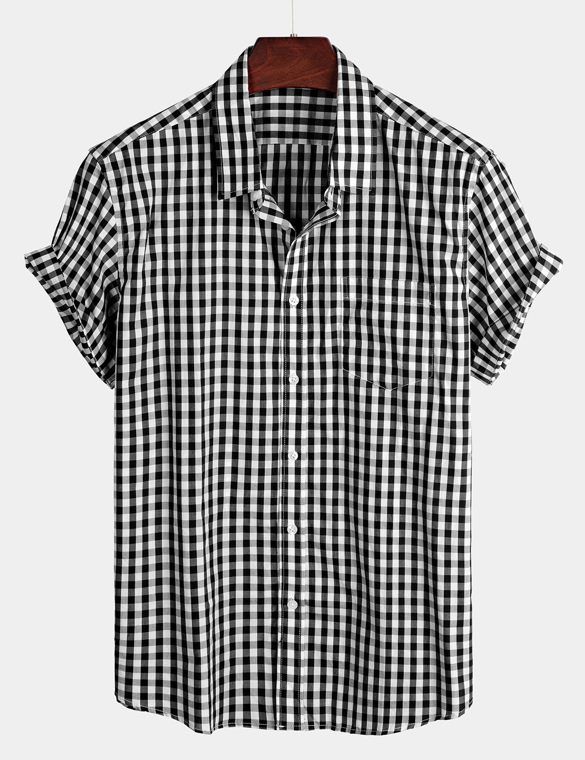 Men's Plaid Cotton Casual Solid Colour Pocket Summer Holiday Button Up Short Sleeve Shirt