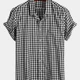 Men's Plaid Cotton Casual Solid Colour Pocket Summer Holiday Button Up Short Sleeve Shirt